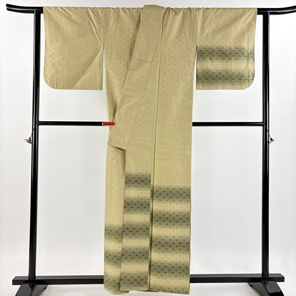 【庫存清倉】 付下 身長158.5cm 袖長63.5cm S 雙層 紬織織 橫段 抹茶 純蠶絲 美品 逸品級