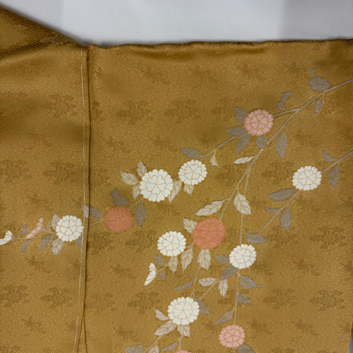 【庫存清倉】訪問服 身長162cm 袖長66cm M 雙層 扇子 草花紋紋 金絲 金銀彩 黃土 純蠶絲 優品級
