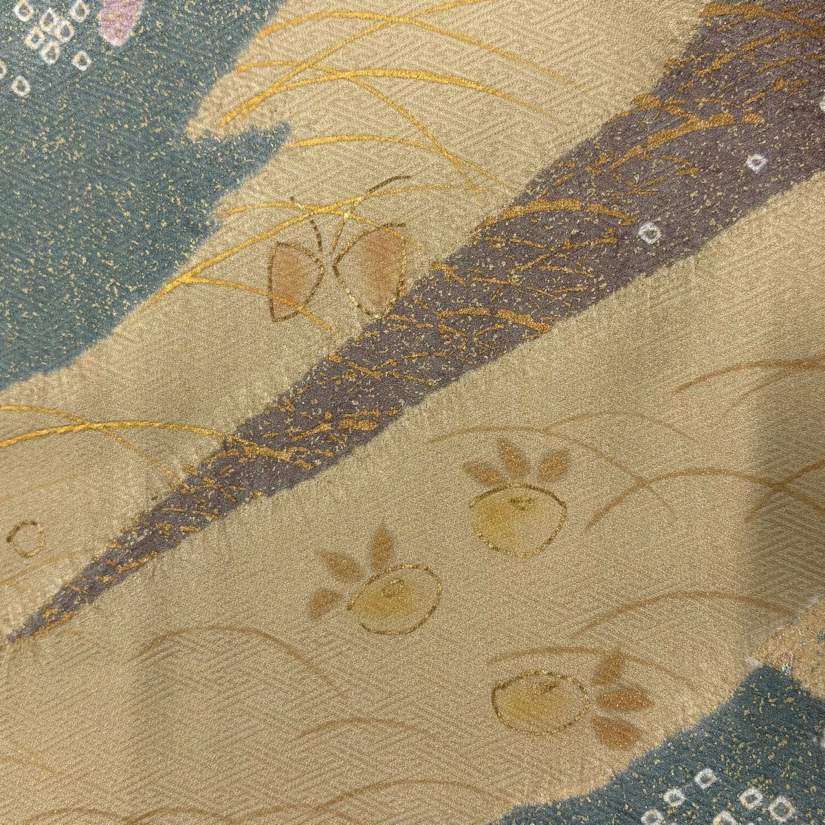 【庫存清倉】訪問服 身長161cm 袖長63.5cm S 雙層 秋草 松樹川菱 絞染 金銀彩 米色 純蠶絲 優品級