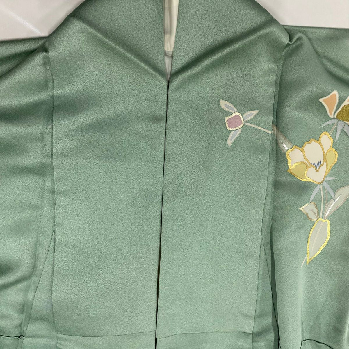 【庫存清倉】訪問服 身長163cm 袖長64.5cm M 雙層 草花紋紋 金銀彩 漸層 淺綠 純蠶絲 優品級