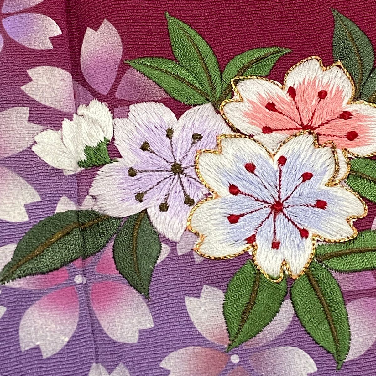 【庫存清倉】振袖禮服 身長156cm 袖長65cm M 雙層 落款 櫻花花瓣 金絲刺繡 紅紫 純蠶絲 名品級