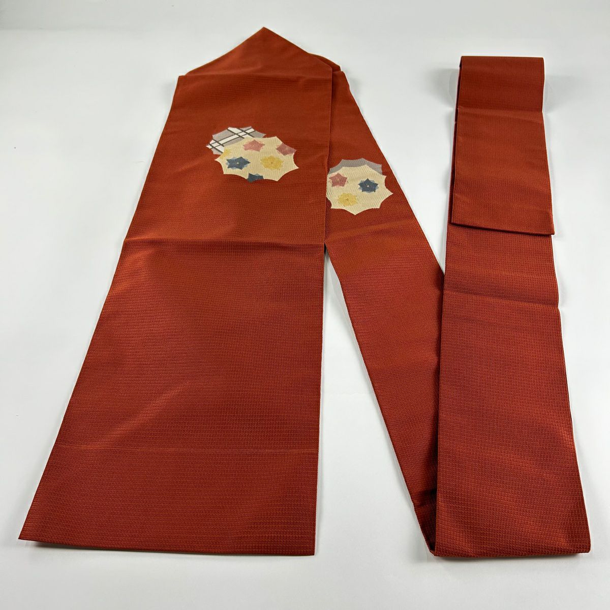 【庫存清倉】 名古屋帶 美品 秀品級 花 幾何圖案 朱色 純蠶絲