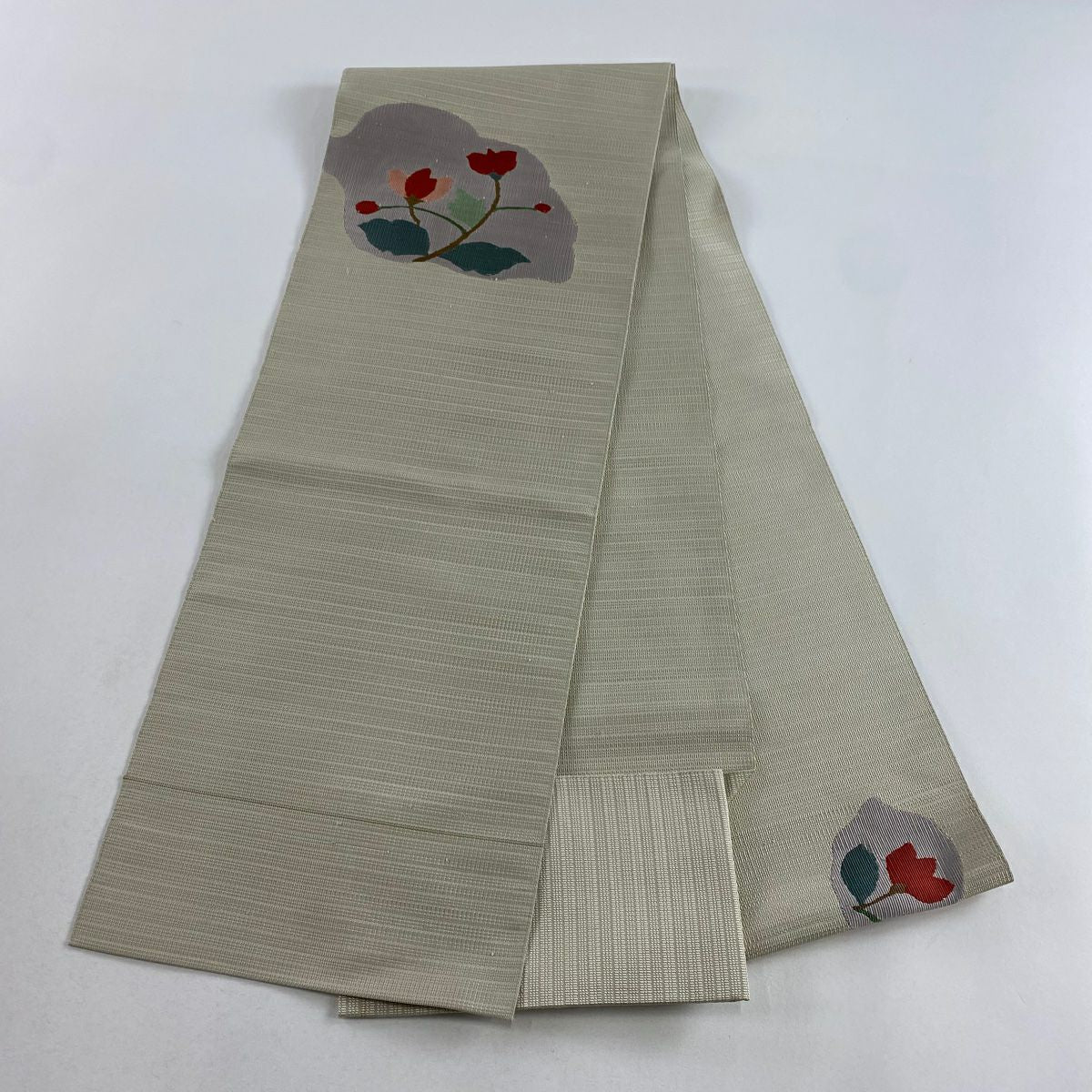 【庫存清倉】 名古屋帶 美品 優品級 松樹葉仕立 八寸名古屋帶 草花紋 淺米色 純蠶絲