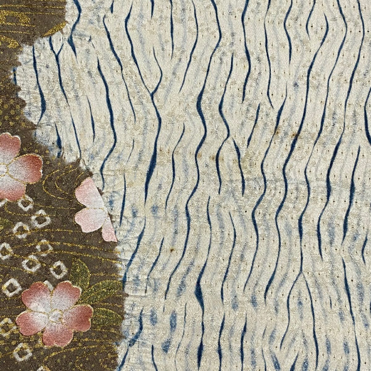 【庫存清倉】 付下 身長151.5cm 袖長65cm M 雙層 草花紋紋 流水 金彩裝飾 絞染 奶油色 純蠶絲 優品級