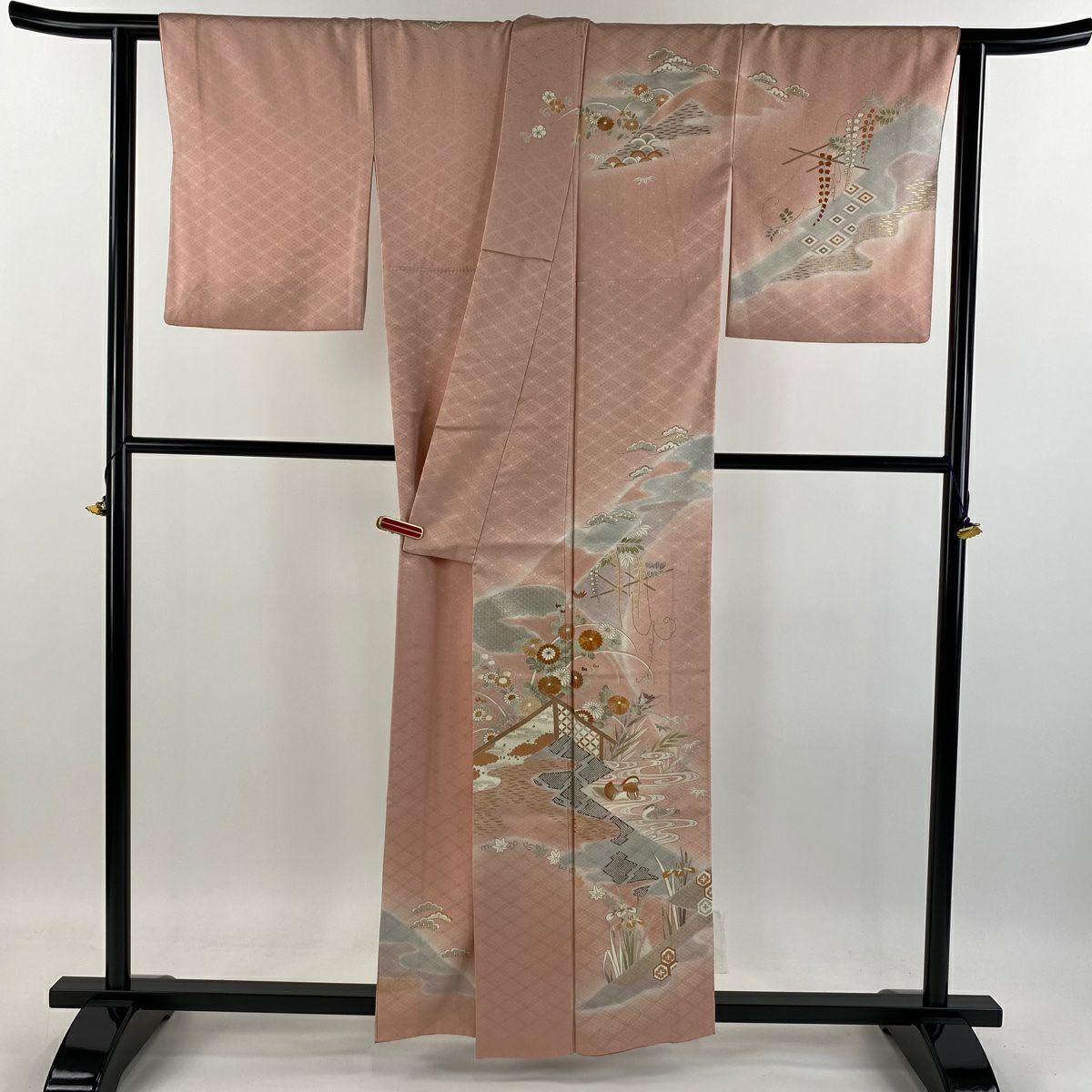 訪問服 身長157.5cm 袖長65cm M 雙層 千總 菊花 鴛鴦 金絲 金銀彩 粉紅 純蠶絲 逸品級