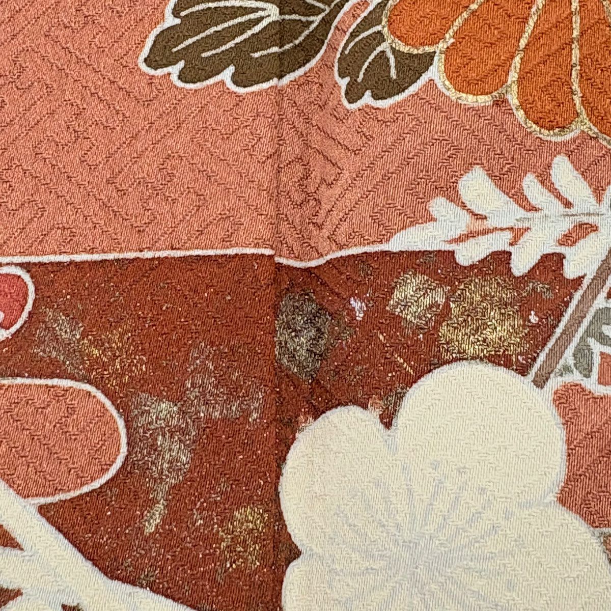 【庫存清倉】訪問服 身長156cm 袖長64cm M 雙層 菊花花 霞 金銀彩 染分 粉米色 純蠶絲 優品級