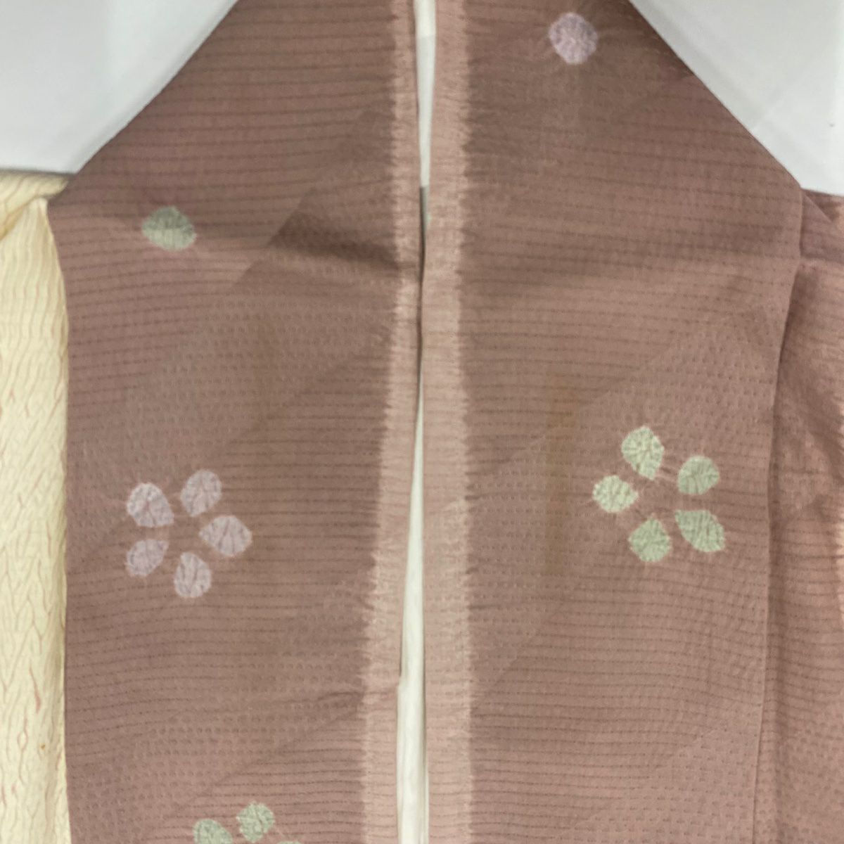 【庫存清倉】 小紋 身長157cm 袖長62.5cm S 雙層 花 縱條 絞染 奶油色 純蠶絲 名品級