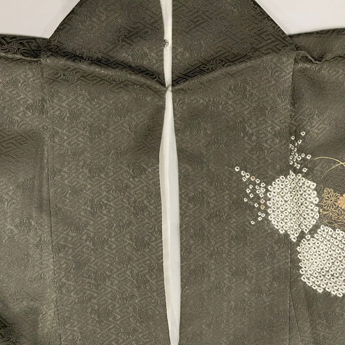 【庫存清倉】 付下 身長154cm 袖長63.5cm S 雙層 草花紋紋 龜甲刺繡 絞染 茶綠 純蠶絲 優品級