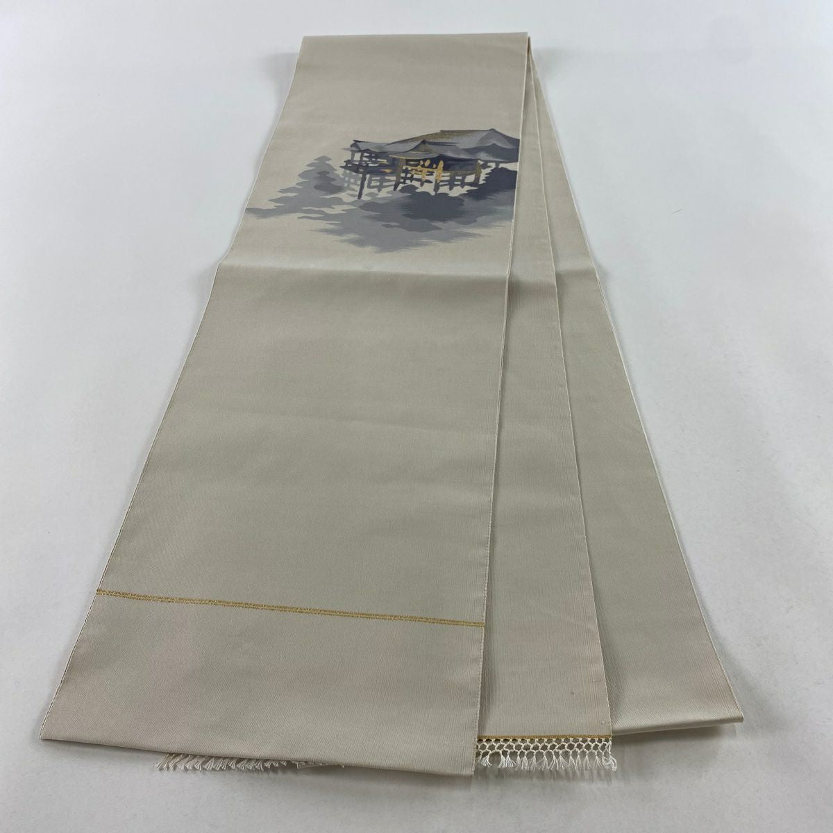 【庫存清倉】 名古屋帶 優品級 八寸名古屋帶 隧道仕立 建築 樹木 金絲 米色 純蠶絲