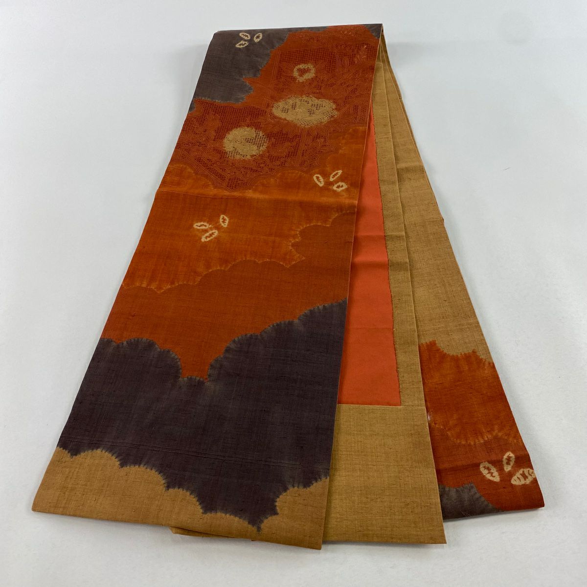 【庫存清倉】 開口名古屋帶 美品 秀品級 紬織織 牡丹 枝梅花 刺繡 紅茶 純蠶絲