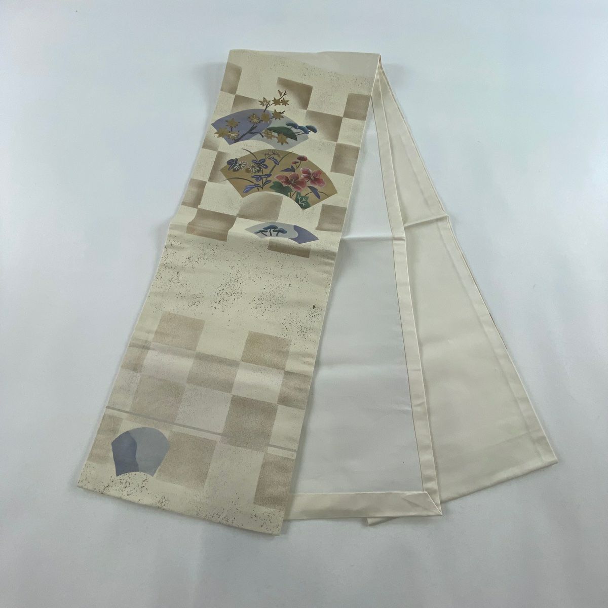 【庫存清倉】 開口名古屋帶 優品級 扇子面 草花紋紋 金銀彩 奶油色 純蠶絲