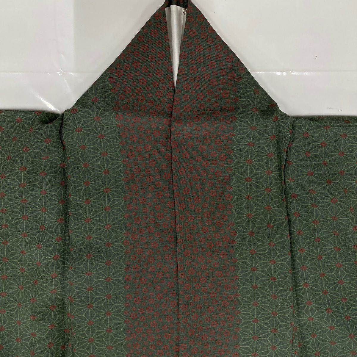 【庫存清倉】 小紋 身長155cm 袖長63cm S 雙層 麻葉 梅花 灰綠 純蠶絲 美品 秀品級