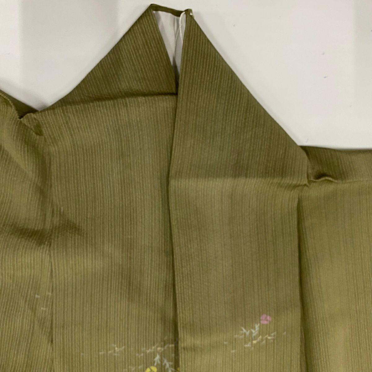 【庫存清倉】 小紋 身長163.5cm 袖長65cm M 單層 草花紋 縱條 茶綠 純蠶絲 優品級