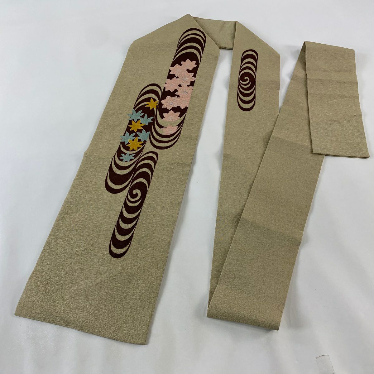 【庫存清倉】 名古屋帶 優品級 楓 樂水刺繡 絞織 淺茶 純蠶絲