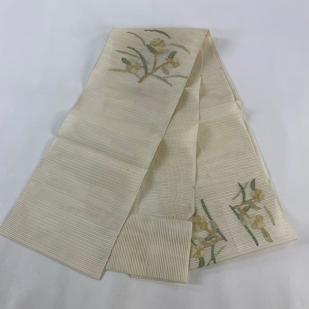 【庫存清倉】 名古屋帶 優品級 夏帶 八寸名古屋帶 松樹葉仕立 草花紋紋 金絲 奶油色 純蠶絲