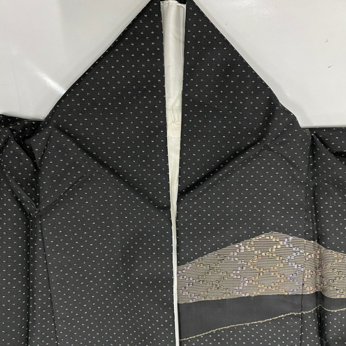【清倉特賣】訪問服 身長166.5cm 袖長65cm M 雙層 紬織織 菱形 斜條紋 刺繡 墨色 純蠶絲 名品級