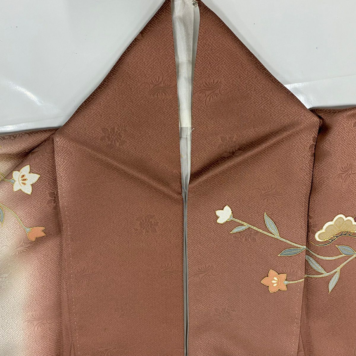 【庫存清倉】訪問服 身長157.5cm 袖長63.5cm S 雙層 短冊 松樹梅花 金銀彩 染分 紅茶 純蠶絲 優品級