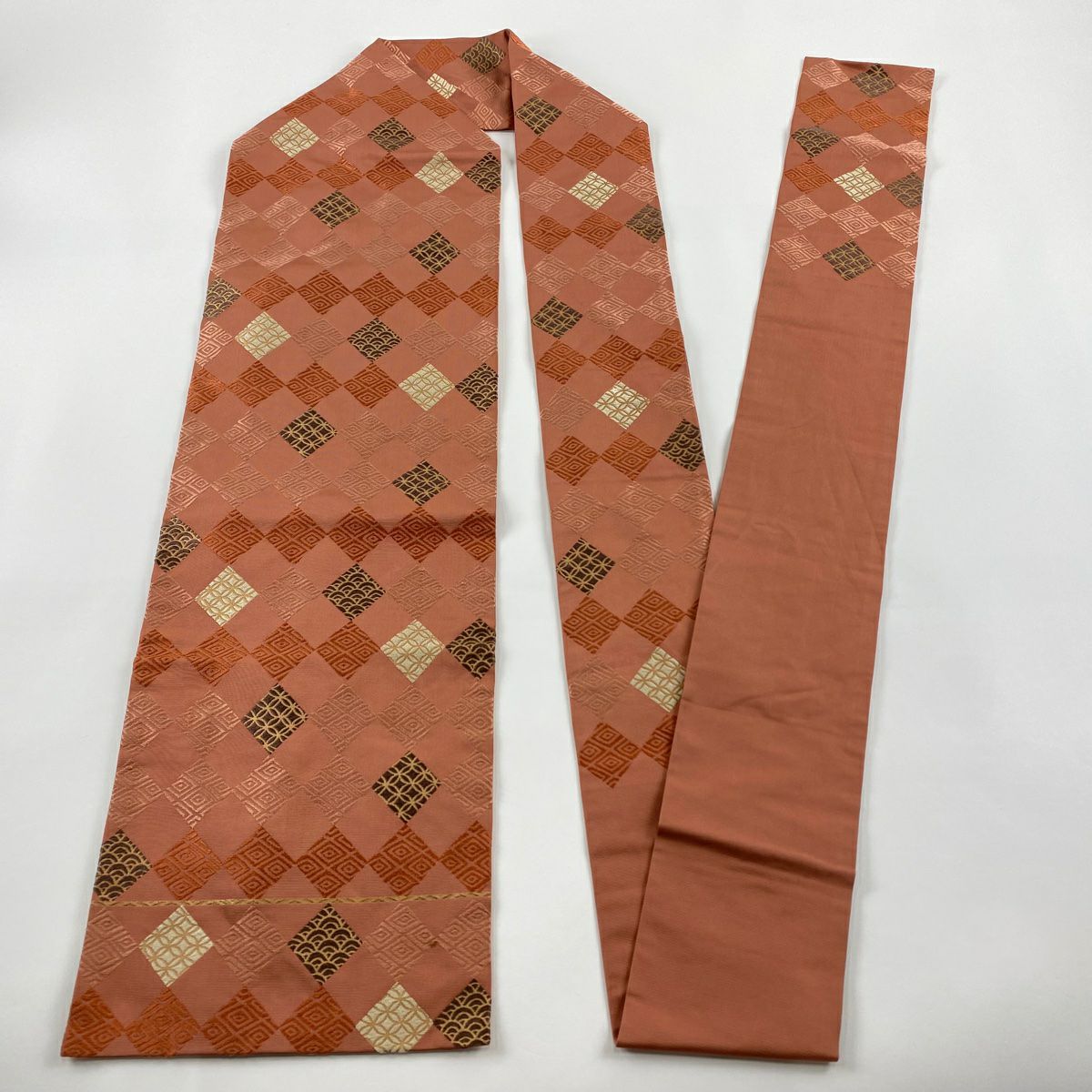 【庫存清倉】 名古屋帶 優品級 菱形 青海波 刺繡 金金箔 粉色 純蠶絲