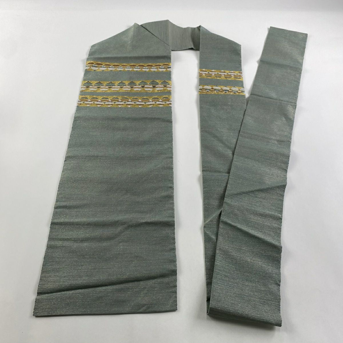 【庫存清倉】 名古屋帶 優品級 條紋 菱形 金通 金絲 淺綠 純蠶絲