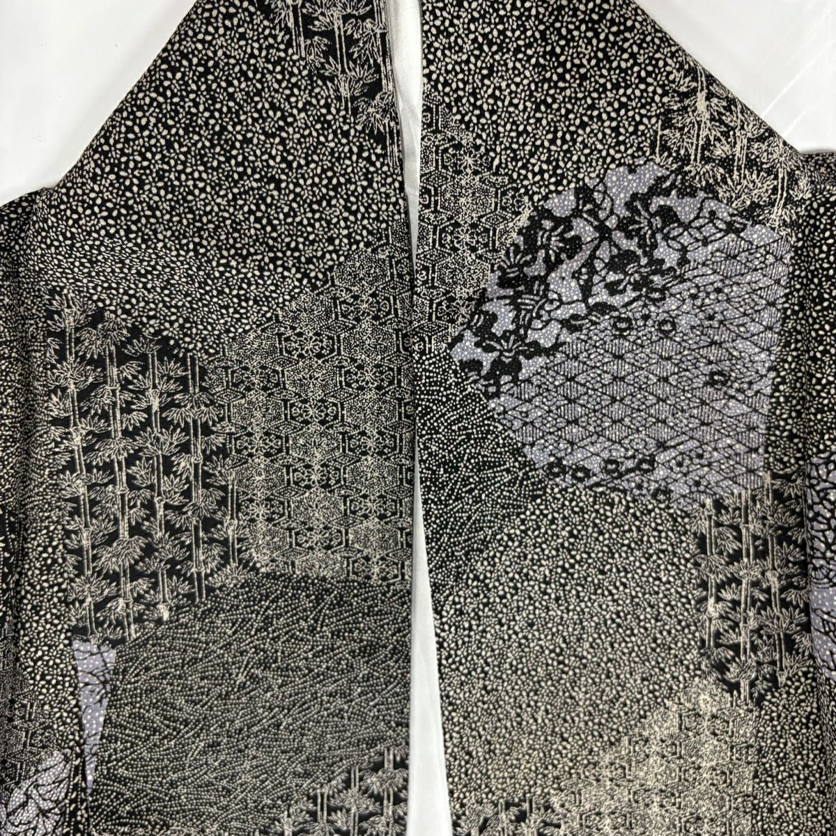【庫存清倉】 小紋 身長155.5cm 袖長62.5cm S 雙層 草花紋 寄花紋 黑灰 純蠶絲 美品 秀品級