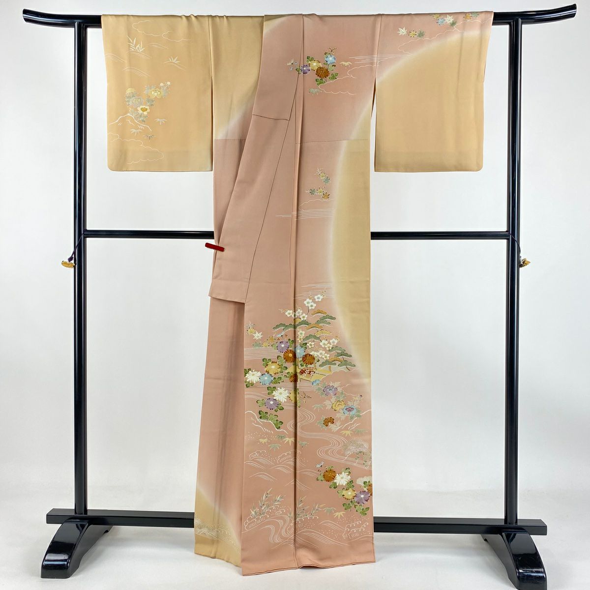 訪問服 身長164cm 袖長65cm M 雙層 千總 落款 菊花 松樹竹子梅花 刺繡 金絲 粉色 純蠶絲 逸品級