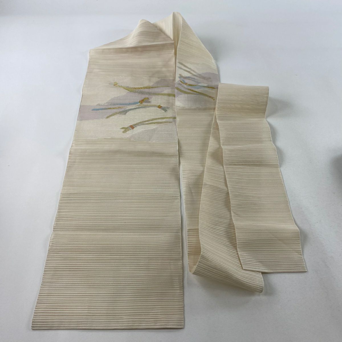 【庫存清倉】 名古屋帶 美品 名品級 夏帶 絽 八寸名古屋帶 幾何學 霞 金銀絲 奶油色 純蠶絲