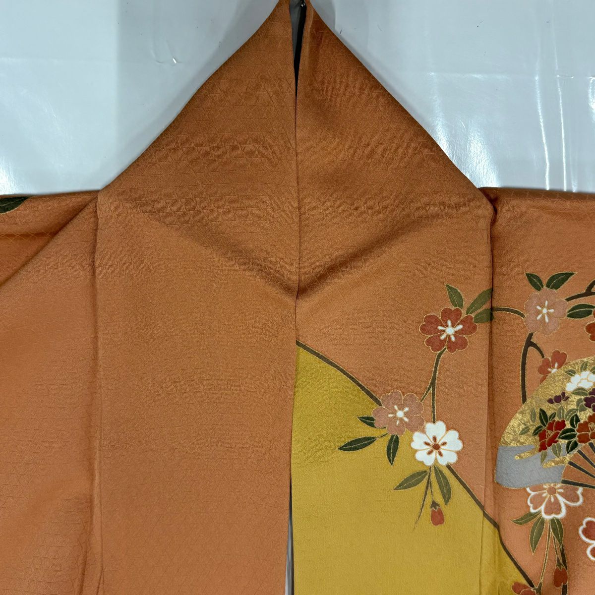 【清倉特賣】訪問服 身長157.5cm 袖長68cm L 雙層 吸棉仕立 亞麻 扇子子 垂枝櫻 金線 金銀彩 橙色 純蠶絲 優品級