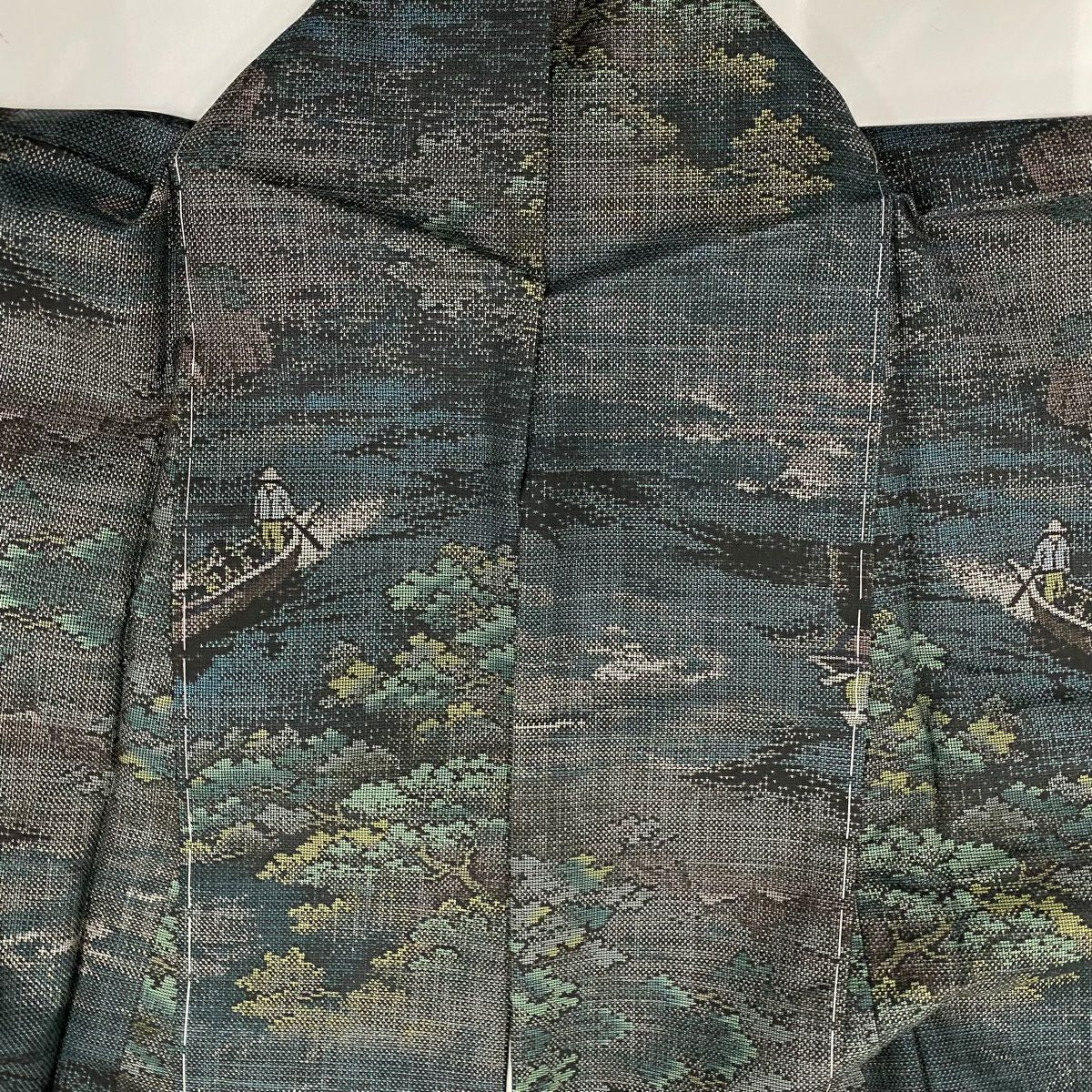 【庫存清倉】 紬織 身長152cm 袖長63cm S 雙層 樹木 舟 深綠 純蠶絲 美品 名品級