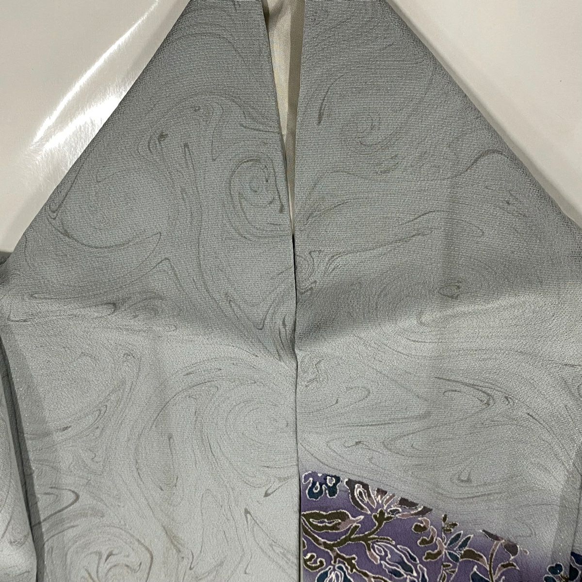 【庫存清倉】訪問服 身長161cm 袖長63.5cm S 雙層 草花紋紋 霞 墨流し 漸層 青灰色 純蠶絲 名品級