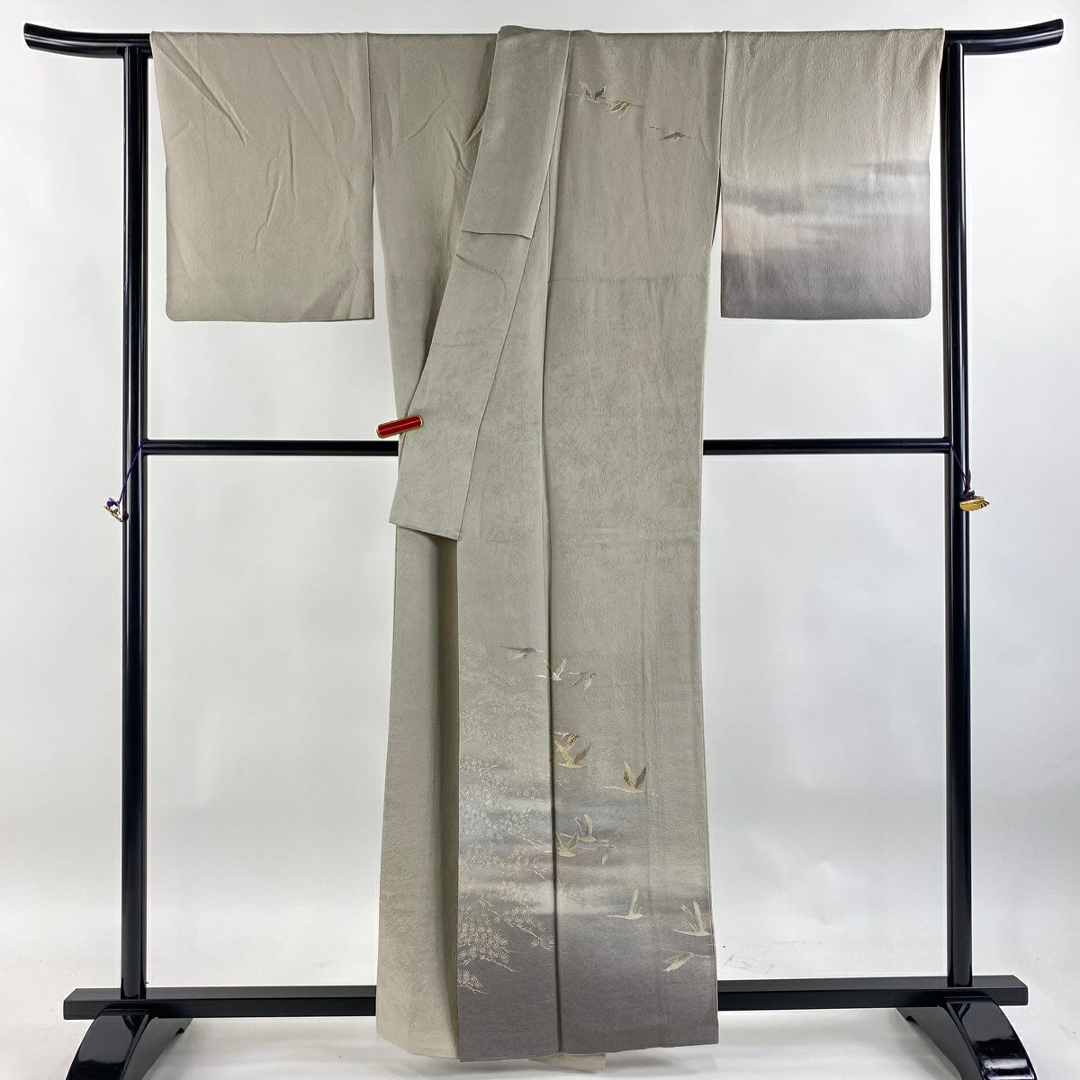 【庫存清倉】 付下 身長158.5cm 袖長69cm L 雙層 和田光正 落款 仙鶴 松樹 金銀彩 漸層 灰茶 純蠶絲 逸品級
