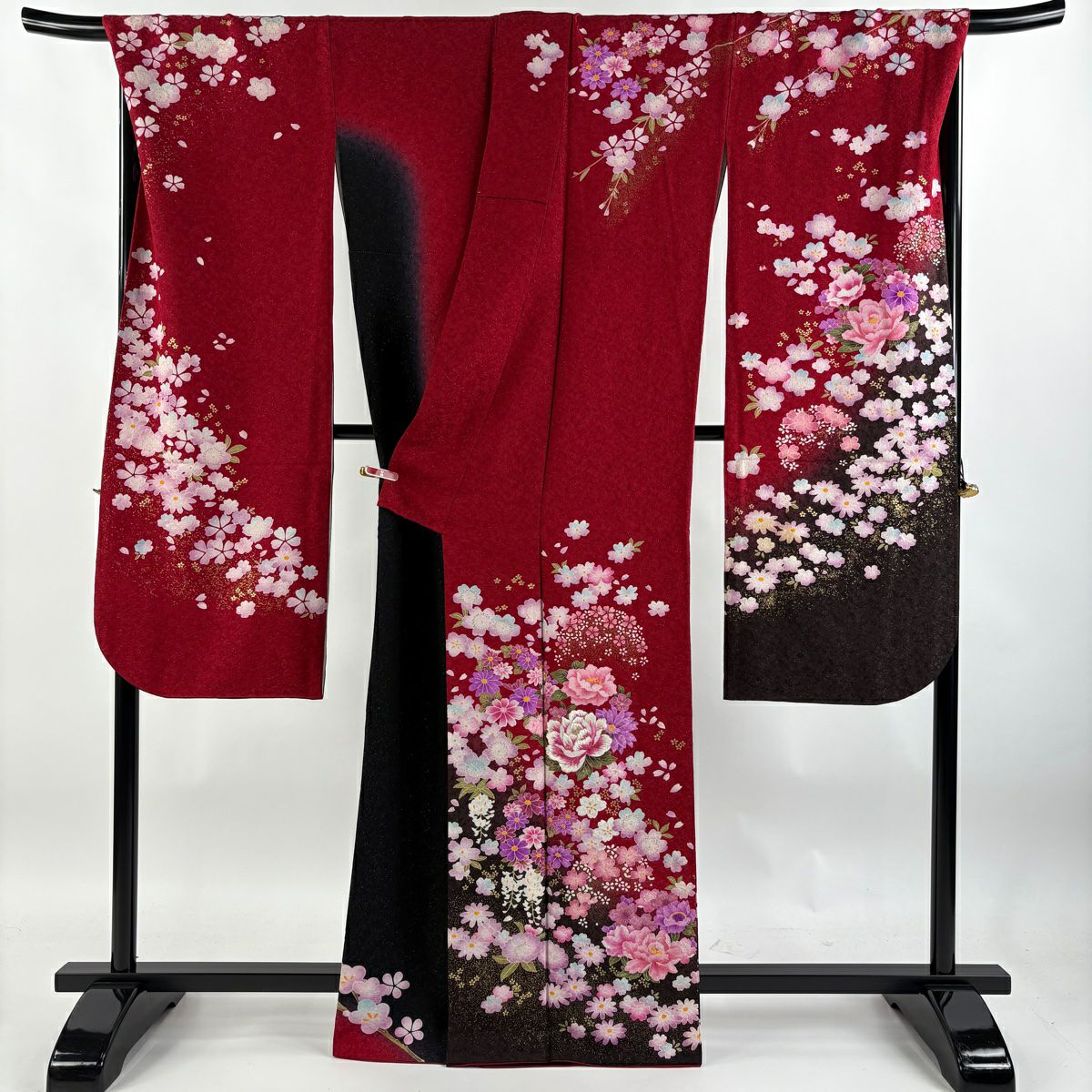 【清倉特賣】振袖禮服 身長165cm 袖長72cm L 雙層 牡丹 草花紋紋 銀通 金銀彩 紅 純蠶絲 逸品級