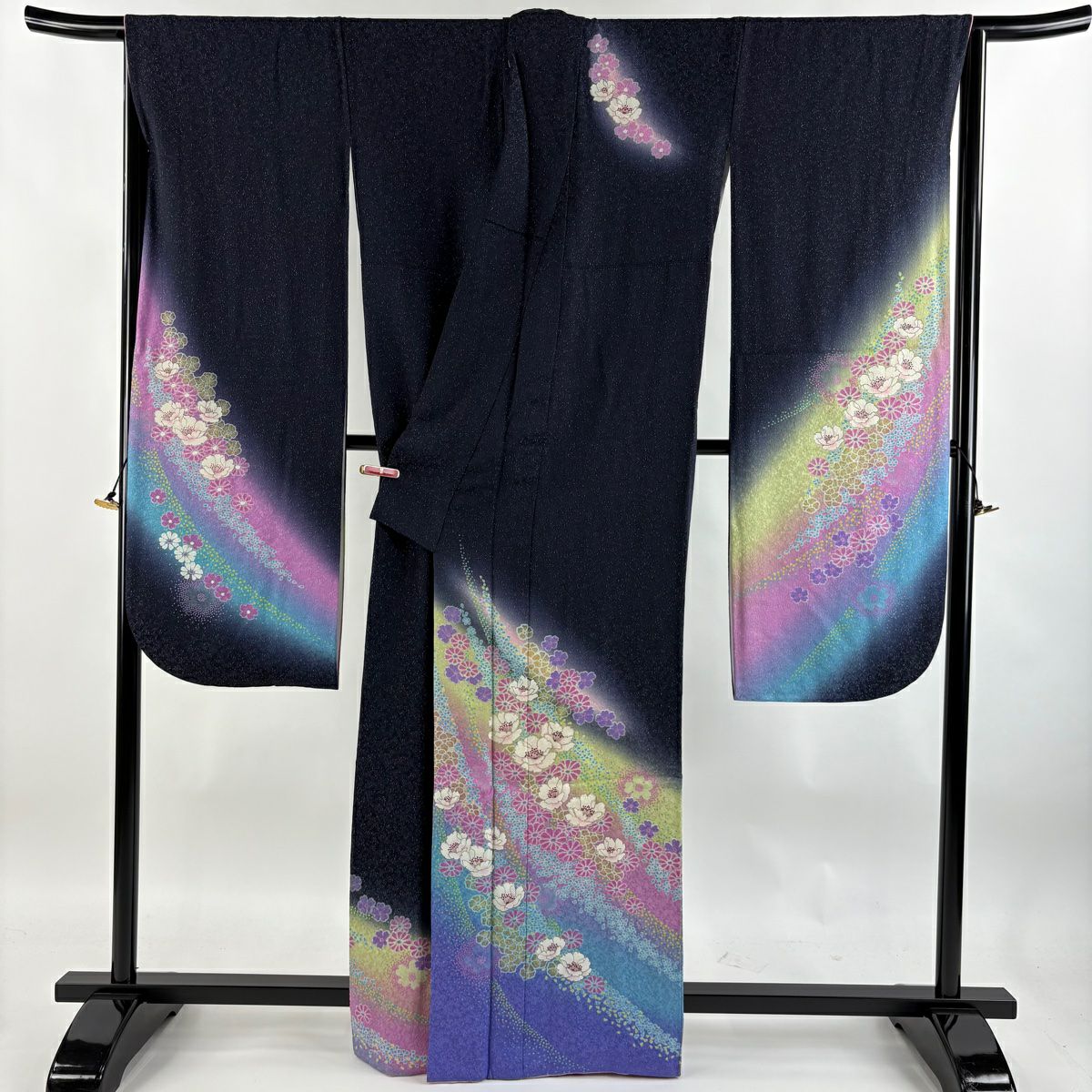 【庫存清倉】振袖禮服 身長162.5cm 袖長67cm M 雙層 草花紋紋 銀通 金銀彩 深藍 純蠶絲 美品 逸品級