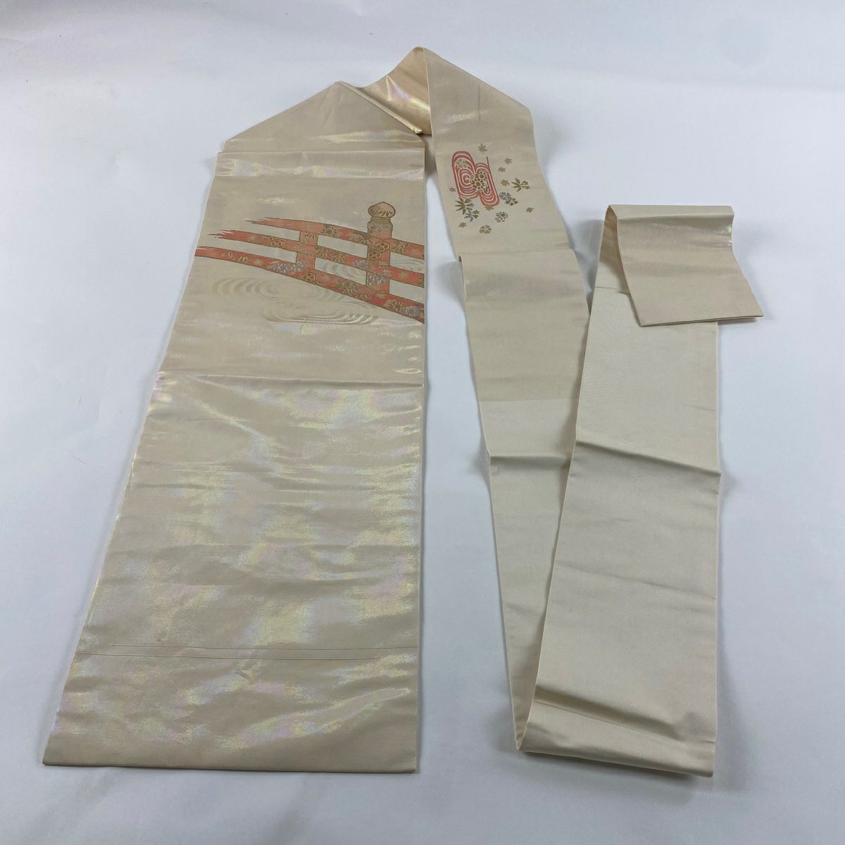 名古屋帶 優品級 欄杆 観世水 金銀絲 金金箔 奶油色 純蠶絲