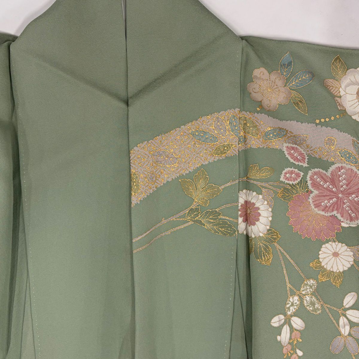 【清倉特賣】訪問服 身長163cm 袖長64cm M 雙層 梅花花 笹葉 金銀彩 淺綠 純蠶絲 名品級 一個紋