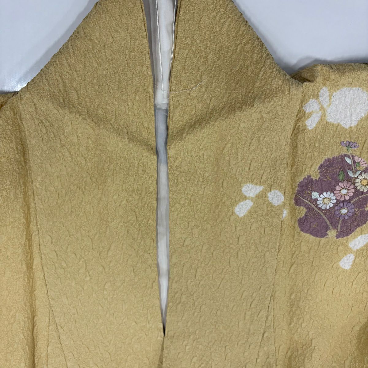 【庫存清倉】訪問服 身長160cm 袖長67.5cm L 雙層 雪輪 草花紋紋 絞染 刺繡 淡黃土 純蠶絲 名品級