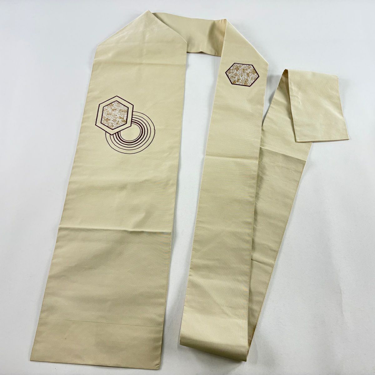 【庫存清倉】 名古屋帶 優品級 八寸名古屋帶 龜甲紋 圓紋 金金箔 米色 純蠶絲
