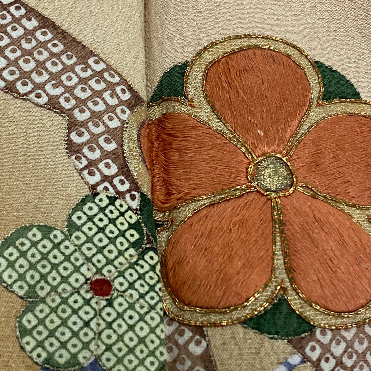 【庫存清倉】訪問服 身長161cm 袖長66cm M 雙層 梅花 網目 金絲 刺繡 淺茶 純蠶絲 優品級