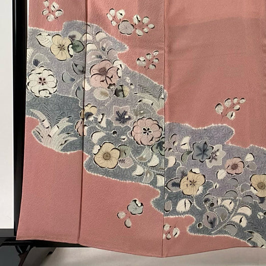 【在庫一掃】 訪問服 身長160cm 袖長64.5cm M 雙層 落款あり 辻花染圖案 霞 ぼかし 縮緬 粉紅 純蠶絲 秀品級 一つ紋