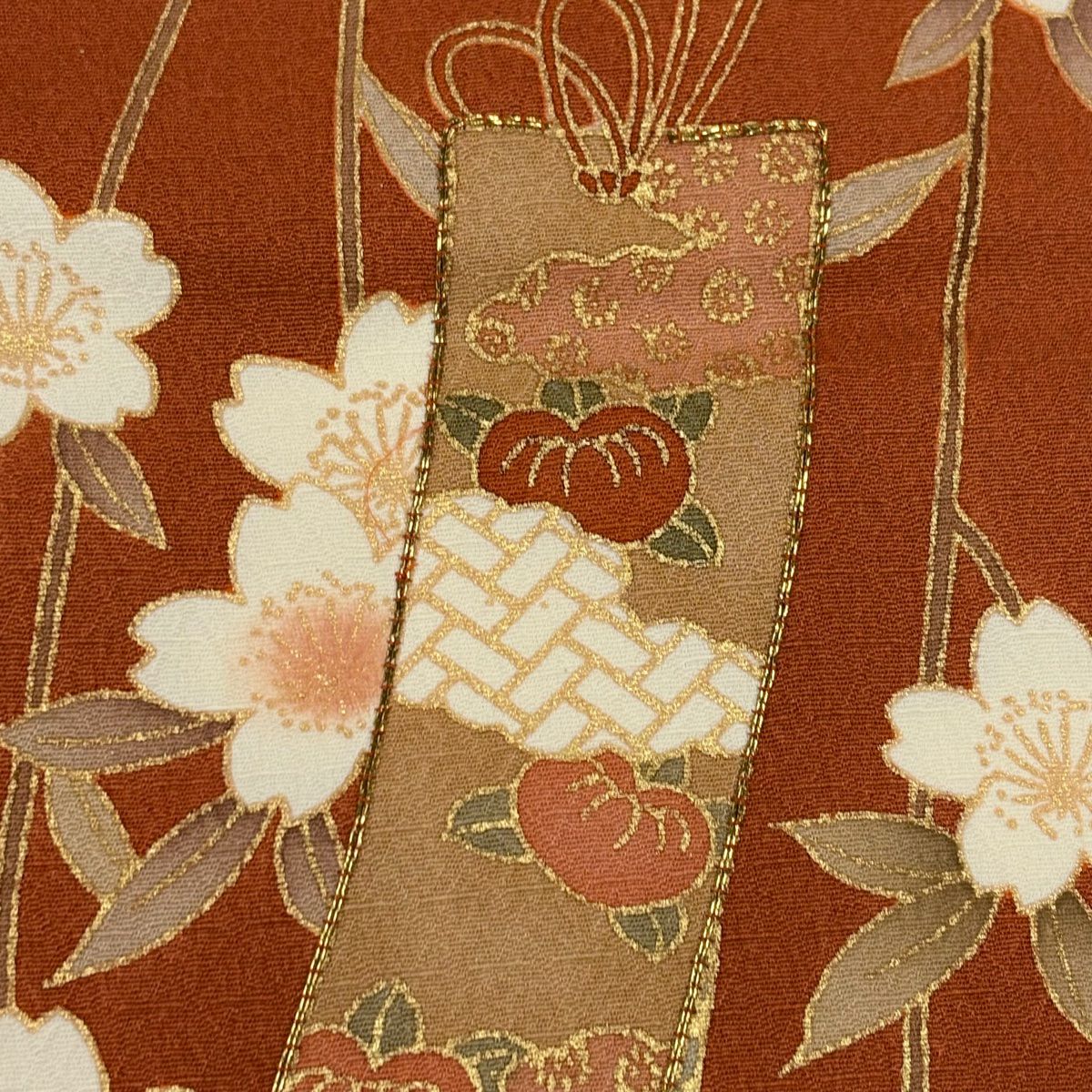 【庫存清倉】訪問服 身長160.5cm 袖長66cm M 雙層 吸棉仕立 亞麻 短冊 枝垂櫻 金絲 金銀彩 橙色 純蠶絲 名品級