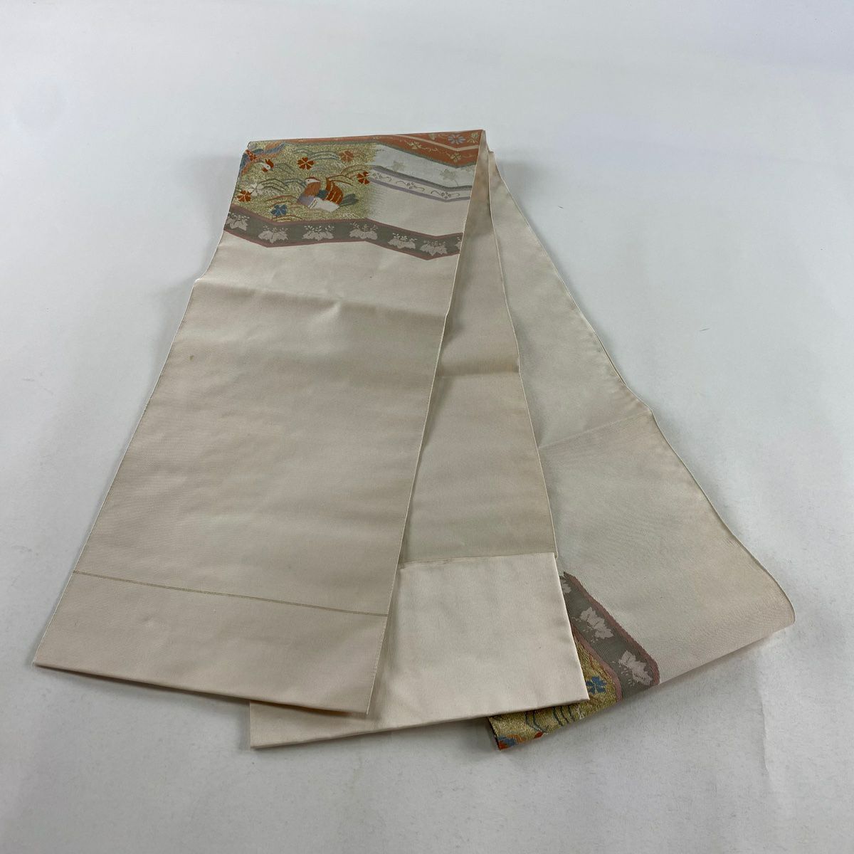 【庫存清倉】 名古屋帶 優品級 八寸名古屋帶 松樹葉仕立 鴛鴦 桐 金銀絲 奶油色 純蠶絲
