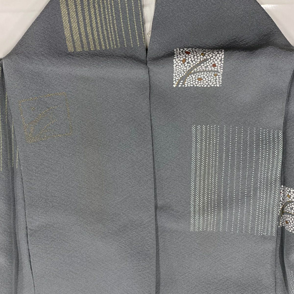 【庫存清倉】 小紋 身長155.5cm 袖長62.5cm S 雙層 幾何學圖案 金彩裝飾 灰 純蠶絲 優品級