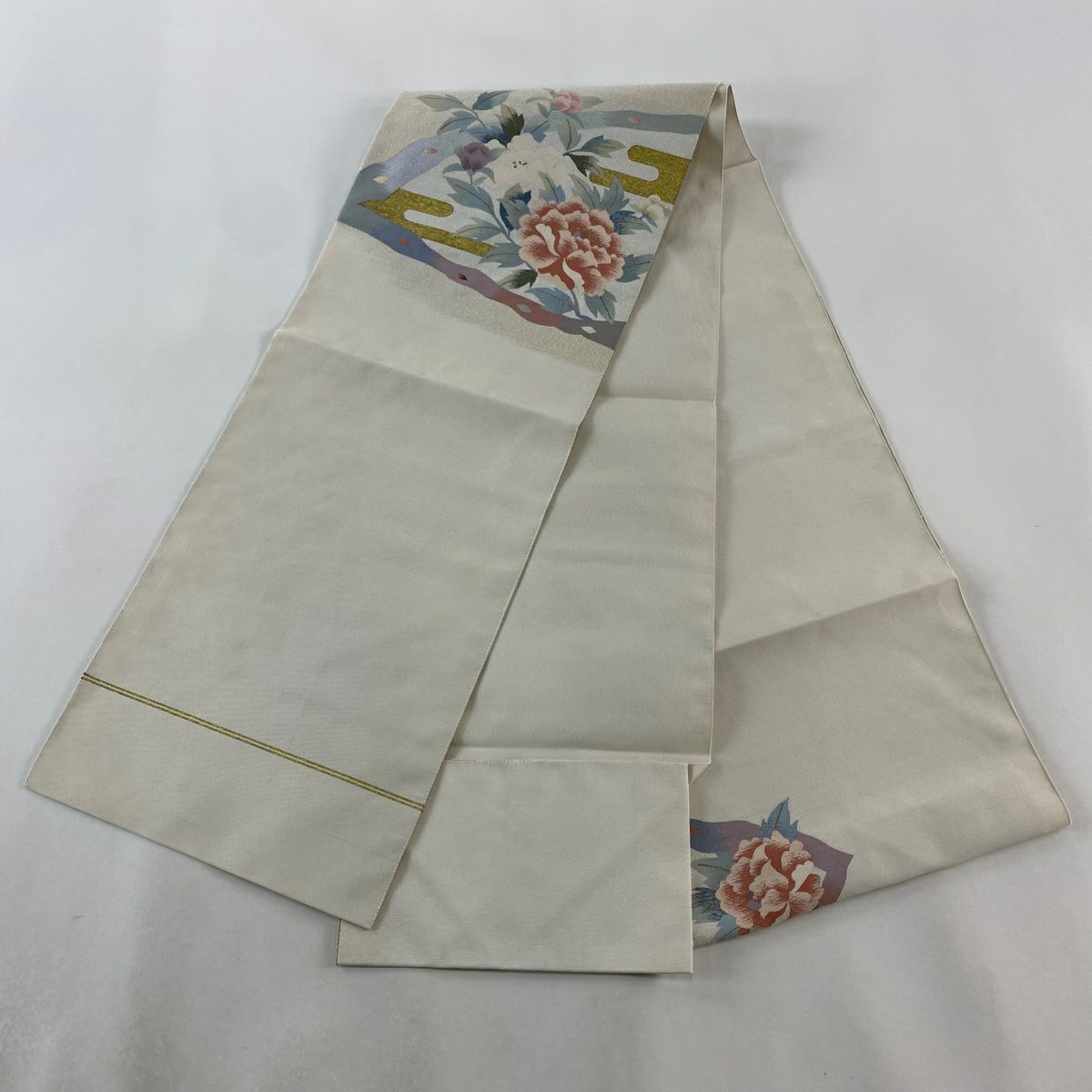 【庫存清倉】 名古屋帶 優品級 八寸名古屋帶 松樹葉仕立 牡丹 ヱ霞 金絲 金金箔 灰白 純蠶絲