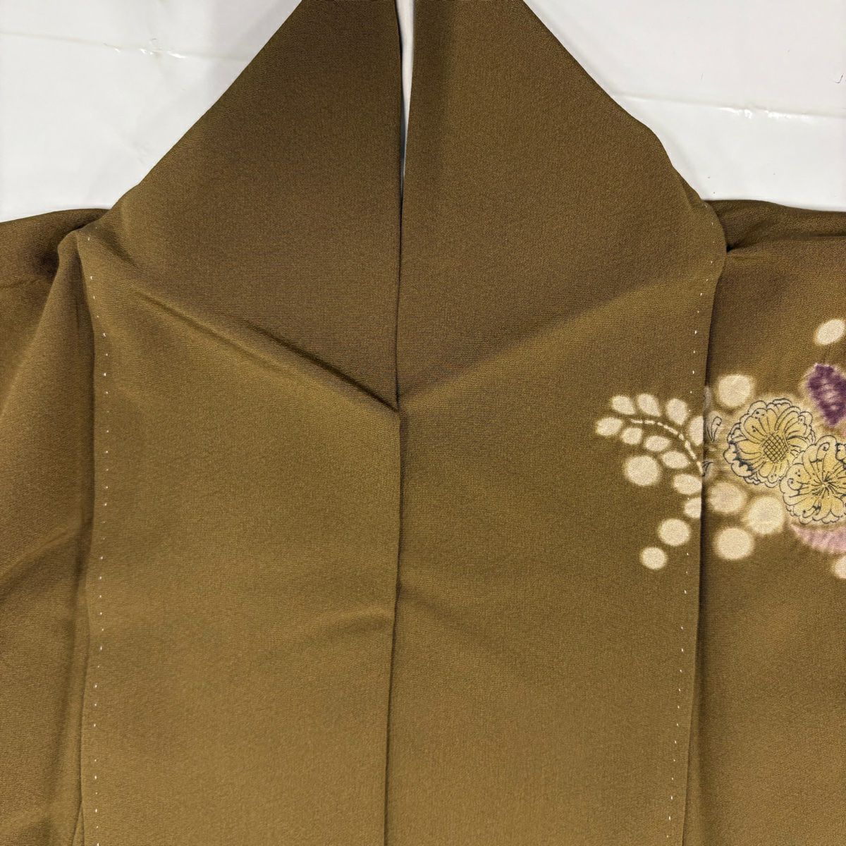 【庫存清倉】訪問服 身長154.5cm 袖長65cm M 雙層 草花紋紋 流水 金彩裝飾 絞染 茶綠 純蠶絲 名品級