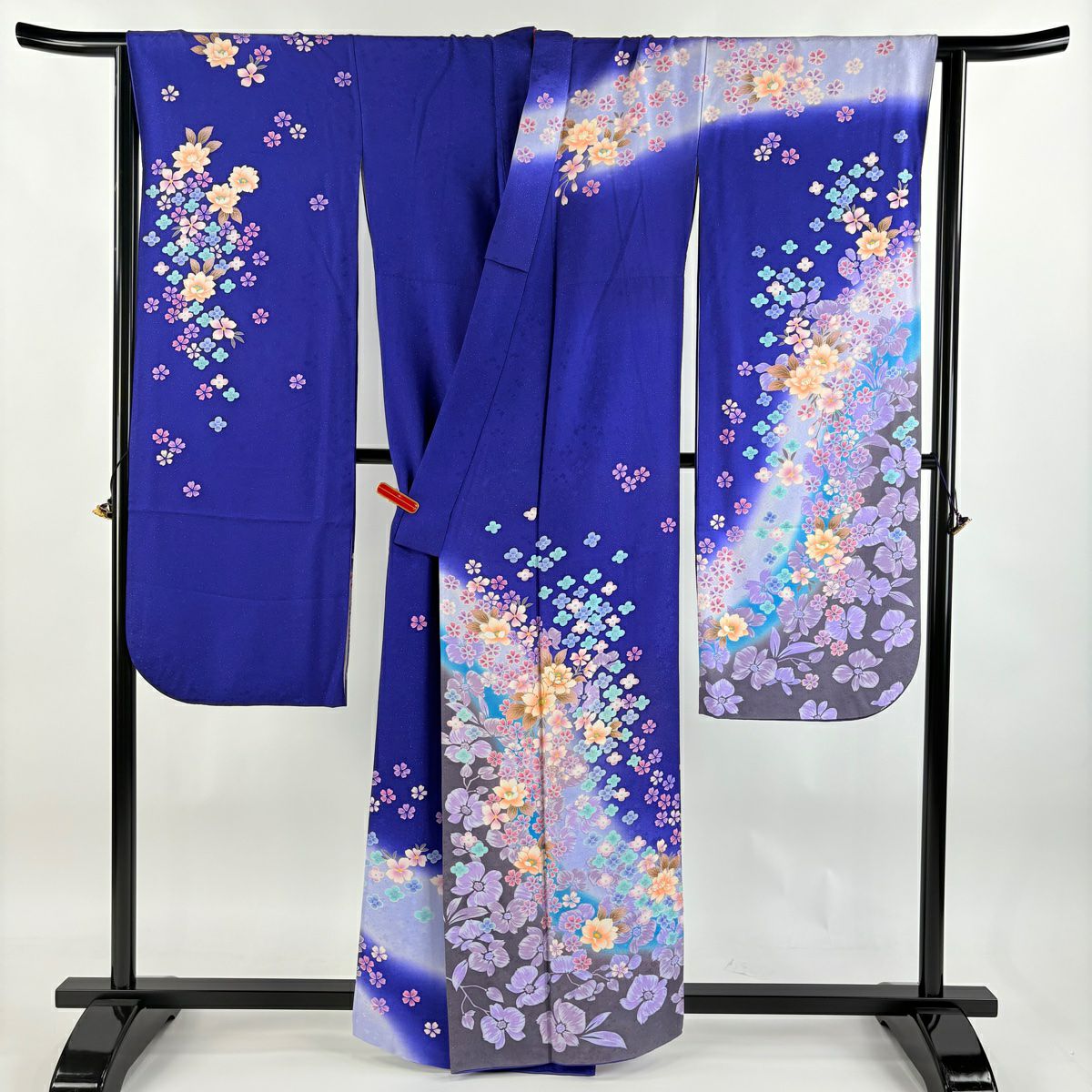 【庫存清倉】振袖禮服 身長159.5cm 袖長68.5cm L 雙層 寶石領 草花紋紋 櫻花 金通し 金金箔 藍色 純蠶絲 逸品級