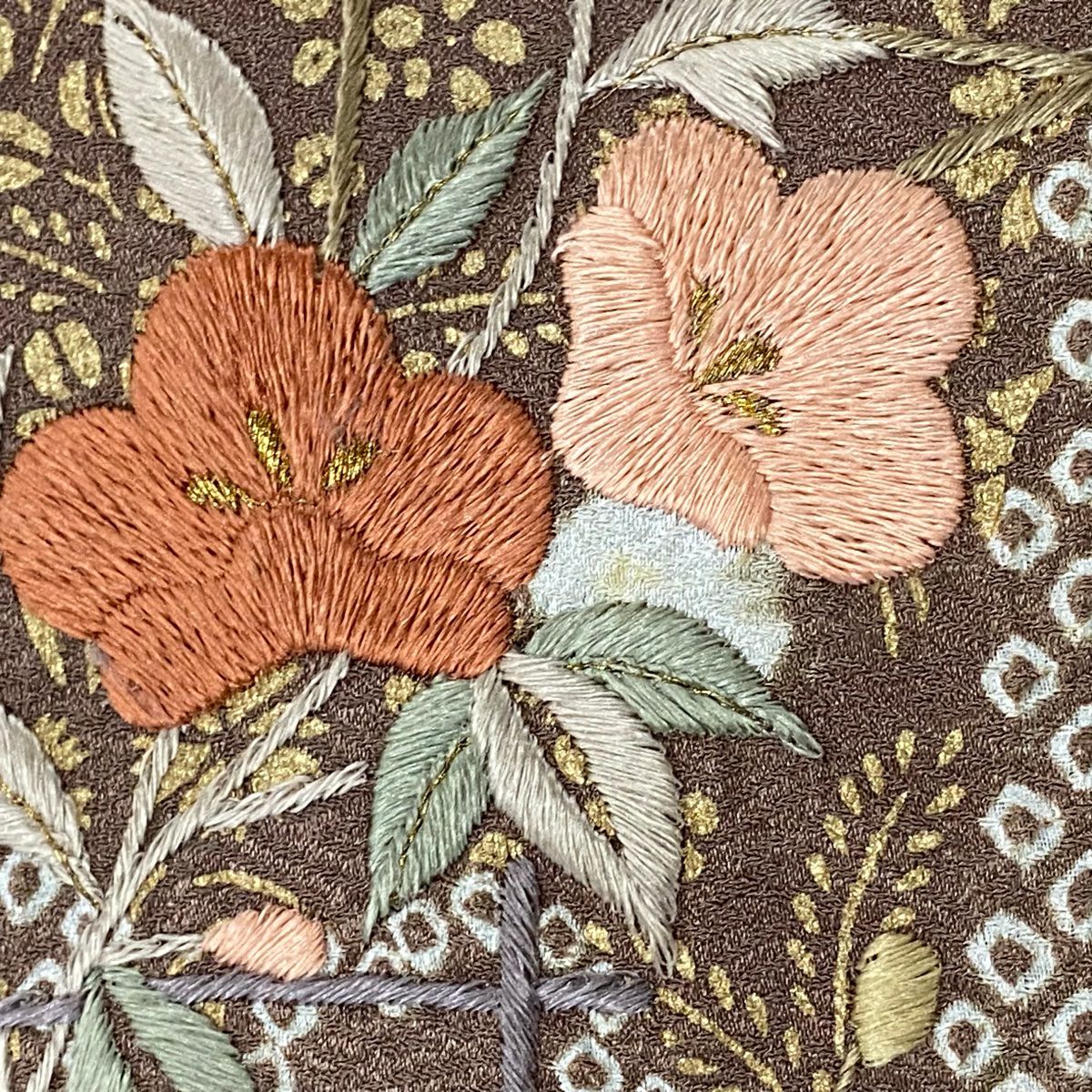 【庫存清倉】訪問服 身長160cm 袖長65cm M 雙層 草花紋紋 雲文 金糸刺繡 灰綠 純蠶絲 優品級