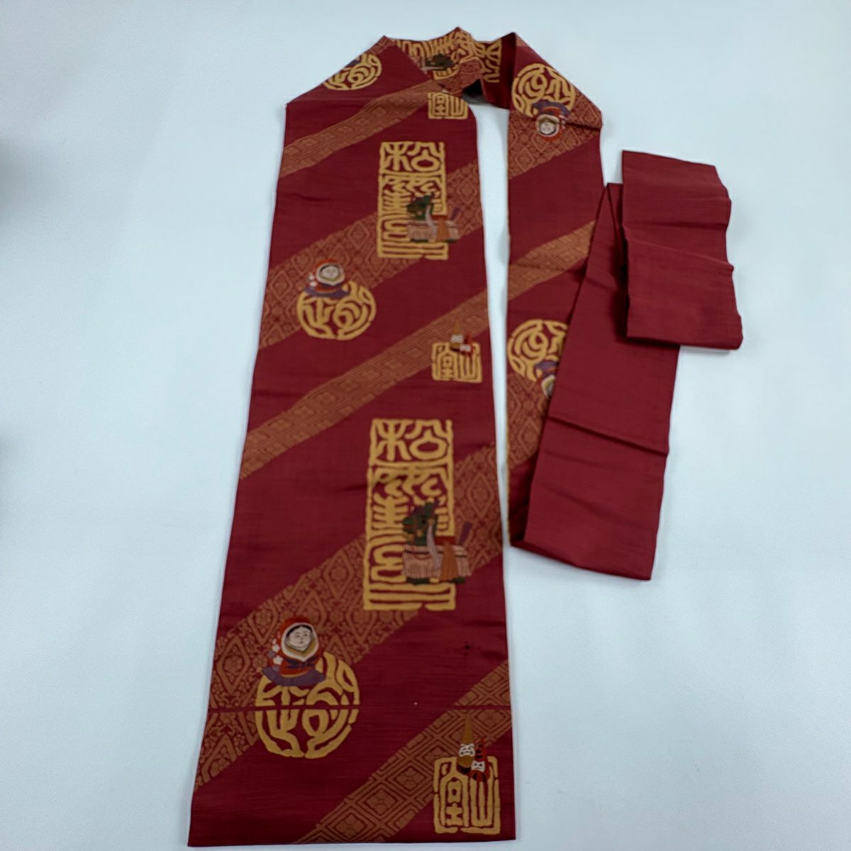 【庫存清倉】 名古屋帶 優品級 文字圖案 玩具 茜色 純蠶絲