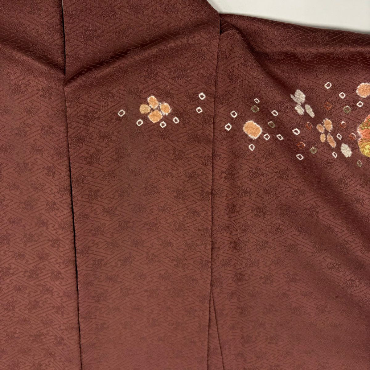 【庫存清倉】訪問服 身長160cm 袖長65cm M 雙層 雪輪 草花紋紋 刺繡 絞染 小豆 純蠶絲 優品級