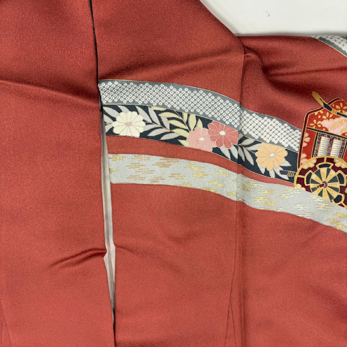 【庫存清倉】訪問服 身長166.5cm 袖長66cm M 雙層 落款有 御所車 草花紋紋 金銀彩 漸層 深粉色 純蠶絲 優品級