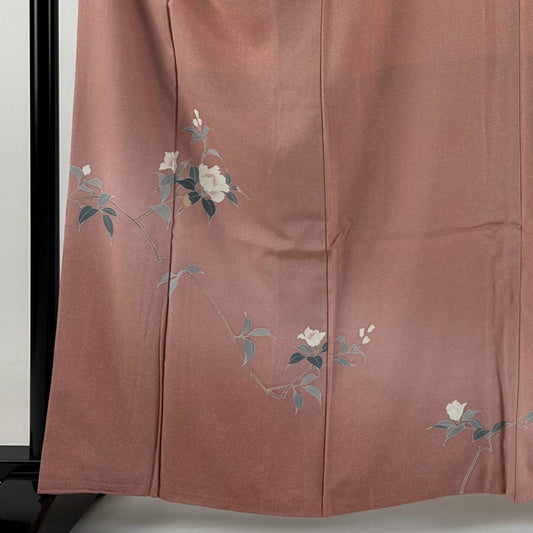 【在庫一掃】 付下 身長160cm 袖長66.5cm M 雙層 枝花 ぼかし 粉紅 純蠶絲 秀品級