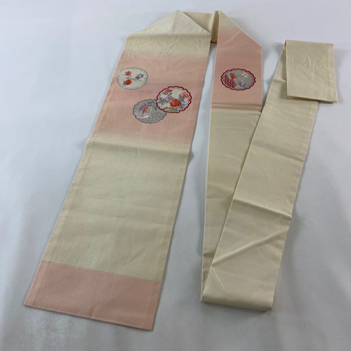 【庫存清倉】 名古屋帶 優品級 關西仕立 雪輪 草花紋刺繡 金銀彩 淺粉色 純蠶絲